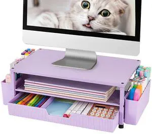 ECOLOVI Desk Organizer and Accessories, 2-Tier Computer Monitor Stand Rise with Storage Drawer & 2 Pen Holders, Laptop & Printer Stand for Desktop, Workspace Organizers for Office Supplies (Purple)