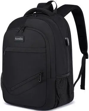 Asenlin Travel Laptop Backpack for Women & Men,Water Resistant Business Slim Sturdy Laptops Backpack with USB Charging Port,Fits 17.3 Inch Notebook College School Computer Bag-Black