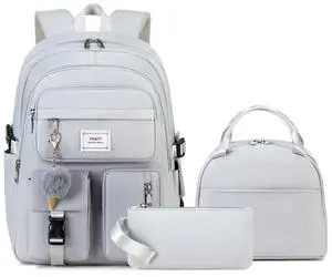 Jaygulf Girls Backpack Stylish Schoolbag Set for College or High Student Laptop Backpack for Women Grey