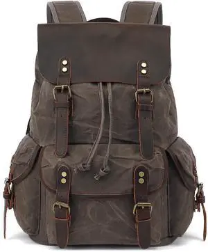 HuaChen Leather Waxed Canvas Backpack,Mens Vintage Travel Rucksack, Casual Daypack Large - M80 Grey