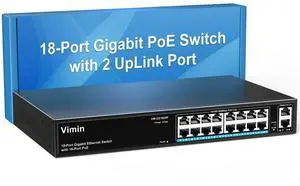 16 Port Gigabit PoE Switch with 2 Uplink Gigabit Ports, VIMIN 18 Port Unmanaged Ethernet PoE Switch with 250W Power, Support IEEE802.3af/at, VLAN, Metal Housing, 19 inch Rack-Mount, Plug & Play