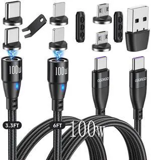 ODDADD 100W USB C Magnetic Charging Cable 2pack(3.3ft+6ft), 6 in 1 Magnetic Fast Charging Cable, Magnetic USB C Charging Cable Compatible with Micro USB, Type C and All Devices