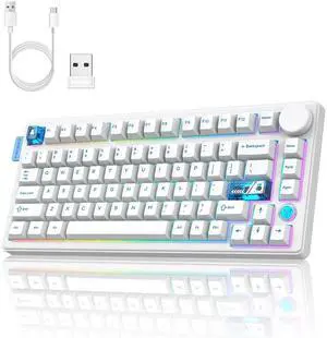 Wireless Gaming Keyboards Gasket Mechanical Keyboard | 75% Wireless Keyboard | Three-Mode Wireless (Bluetooth /2.4G/USB-C) | Hot-Swappable | Five-Layer Muffler Filling | Knob +RGB Backlit-White