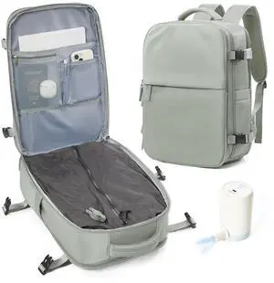 Vacuum Compression Backpack with Electric Vacpack Pump, Large Travel Backpacks with Vacuum System, Carry On Personal Item Bags for Airplane with 17inch Laptop Compartment/USB Port, Green, Large