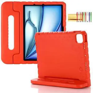 Kids Case for iPad Pro 11" 2024 & iPad Air 11" 2024/2025 Shockproof Case with Pencil Holder, Techcircle Rugged Handle Stand Lightweight EVA Foam Bumper Protective Child Drop Proof Cover, Red