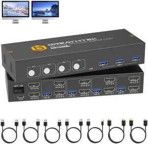 HDMI KVM Switch 4 Computers 2 Monitors with 3 USB3.0 Ports, 4K@60Hz Dual Monitor KVM Switch 4 Port for 4 PCs Share 2 Monitors, Support Button Switch, Adaptive EDID, 4 in 2 Out