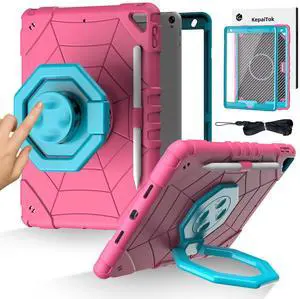 KepaiTok Case for iPad 9th/8th/7th Generation 10.2",360°Rotate Stand Cover with Screen Protector Pencil Holder, Kids Shockproof Case with Shoulder Strap for iPad 10.2 inch 2021/2020/2019 (Pink)