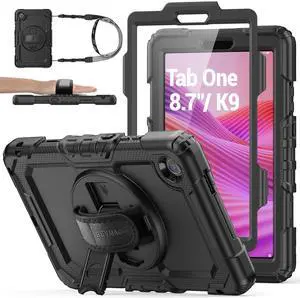 SEYMAC stock Tablet Case for Lenovo Tab One (TB305FU) 8.7 inch Drop-Proof Protection Cover with 360° Rotate Stand & Strap [Pen Holder] & Screen Protector/K9 2025, Black
