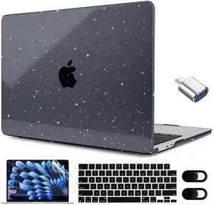 MEEgoodo Glitter Case for M4/M3/M2 MacBook Air 15 inch Case 2025 2024 2023, Fit Model (A3241/A3114/A2941), Laptop Shell with Keyboard Cover&Camera Cover&OTG Adapter& Screen Protector, Glitter Black