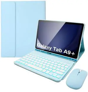 Keyboard Case for Samsung Galaxy Tab A9 Plus 11 Inch - 7 Colors Backlit Wireless Detachable Folio Keyboard Cover with Pencil Holder, Bluetooth Mouse for Tablet A9+,Blue