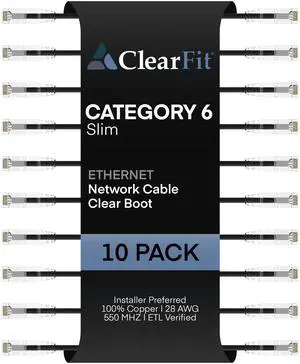 ClearFit Slim 10 Pack - 1ft Cat6 28AWG Ethernet Patch Cable, Network, Clear Boot, Cat 6 Internet, Data Center Rated, Black, 1 Foot, by UNC Group