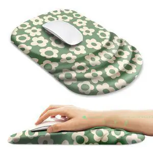 Ergonomic Mouse Pad with Wrist Rest Support,Non-Slip PU Base,Massage for Carpal Tunnel Pain Relief,Memory Foam Mousepad for Home,Office,WorkAbstract Green Flower