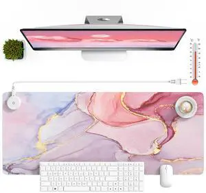 HAOCOO Heated Desk Pad Large, Warm Mouse Pad Gaming, Computer Desk Mat for Desktop, 3 Levels Heating, Auto Shut Down, Leather Laptop Keyboard Mat for Home Office Women, Pink Marble