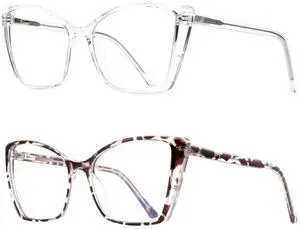 JFXQDR 2 Pack Blue Light Blocking Glasses for Women, Oversized Trendy Cat Eye Computer Gaming Glasses Anti Glare & UV Glare RF6204 (Clear + Leopard Cateye Frame)