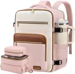LOVEVOOK Travel Backpack For Women,40L Carry On Backpack Flight Approved,TSA Personal Item Travel Bag Fits 17 Inch Laptop,Weekender Overnight Daypack with Toiletry Bag and Cube,White Light-brown
