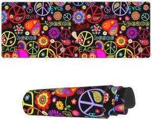 Famame Laptop Mouse Pad Colorful Hippie Peace Love Pattern Desk Mat with Stitched Edges 31.5X 11.8 inch Non-Slip Large Keyboard Rubber Writing Table Mat for Office Home