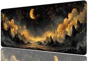 Moon Mouse Pad Gold Black Moon Star Sky Extended Gaming Desk Pad Mat with Stitched Edge Non-Slip Base Office Computer Keyboard Laptop Home 31.5"x11.8"