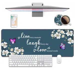 Desk Pad Mat Gaming Mouse Pads with Coasters Set, Floral Quote Live Laugh Love Large Extended Desk Mousepad with Stitched Edge & Non-Slip Rubber Base for Work, Game, Office, Home (31.5"x 11.8")
