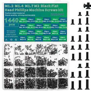 Zmbroll 1440 Pcs Black Laptop Notebook Computer Screws M1.2 M1.4 M1.7 M2 Flat Head Phillips Machine Screws Countersunk ssd Screws Accessories Mini Machine Computer Screws Assortments Kits