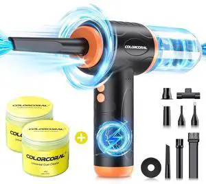 COLORCORAL 12-in-1 Cordless Air Duster Brushless Motor and 2Pack Keyboard Cleaning Gel Set for Deep Cleaning Keyboards, PCs, Cars