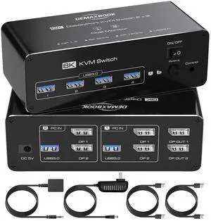 DEMEXBOOK Dual Monitor DisplayPort KVM Switch 2 Monitors 2 Computers 8K@60Hz 4K@144Hz,KVM Switch 2 Computers Share 2 Monitors, 4 USB 3.0 Ports, Supports Extended/Copy Mode with Remote & USB Cables
