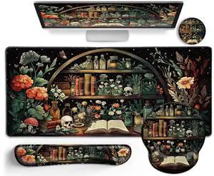 LIMKRIAN Goth Skull Mouse Pad Set Large Desk Mat for Desktop, Ergonomic Mouse Pad with Wrist Rest for Gaming, Keyboard Mat Wrist Support Cup Coaster Set, Gothic Office Desk Accessories Decor Supplies