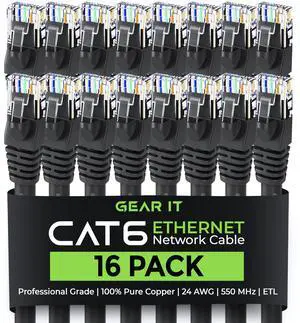 GEARit Cat 6 Ethernet Cable Pack - 16-Pack 1 ft Cat6 Ethernet Patch Cables | RJ45 Network Patch Cable, 10 Gbps Snagless Gold-Plated Connectors - Ethernet Cable Cat 6 for PC, TV, Router - Black
