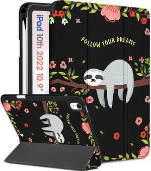 Wazzasoft for iPad A16 Case 2025 - for iPad 10th Generation Case Cute Women Girls Kids Kawaii Teens Sloth Design Unique Pencil Holder Auto Sleep/Wake Tablet Cover for Apple 11/10 10.9 Inch