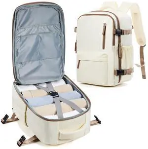 winspansy Carry on Travel Backpack for Women Men Lightweight Business Gym Laptop Work Backpack Airport Frontier Airlines Personal Item Bag Flight Approved Mochilas de Viaje Beige with Brown