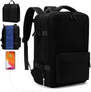 Jaxin 2PCS Carry-On Backpack with Shoe Bag  180° Open, Expandable, Fits 16.1 Laptop, USB Charging Port, Water-Resistant Travel Set for Work, School, or Air Travel (black)