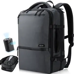 Dinictis Vacuum Seal Backpack with Pump, Expandable Backpack with Vacuum Compression fits 17 inch Laptop, Waterproof Carry On Suitcase Luggage suit for Short Trip and Business-Dark Grey