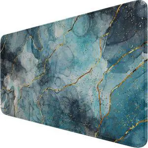 Large Mouse Pad with Stitched Edges, (35.4X15.7In) Durable Non-Slip Natural Rubber Base, Waterproof Computer Keyboard Pad Mat for Esports Pros/Gamer/Desktop/Office/Home, MarbleBlue