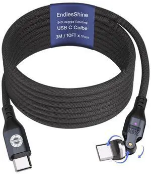 EndlesShine USB Cable Type C to C PD 240W (1 Pack 10ft) USB2.0 480MBPS & Data Transfer Cable 180° & 360° Rotation Charge Cables Phone Charge Cord for Type C Devices (Black)