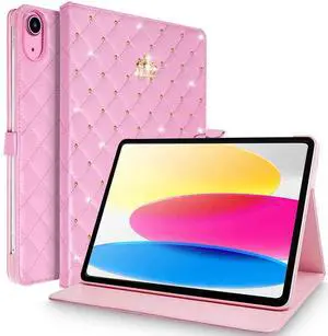 Changjia for iPad (A16) 11th Generation 11 Inch 2025/iPad 10th Generation 10.9" 2022 Case, Girly Crown Rhinestone Cute Elegant PU Leather Auto Sleep/Wake Stand Shockproof Case for iPad 11th/10th,Pink