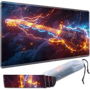 VSOJSOJKE MTG Play Mat, 24" x 14" TCG Card Play Mat with Smooth Stitched Edge, Storage Bag, Lightning Guitar Design