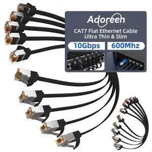 Adoreen Cat 7 Flat Ethernet Cable 2 Ft/10 Pack, High-Speed Shielded Internet Network Cable with Low Profile&Compact RJ45 Connector, Thin Slim Short Cat 6E 6A Patch Cord,S/FTP,POE,10Gbps 600MHZ, Black