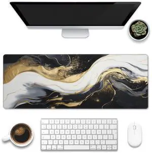 Eflxamz Desk Pad, Black White Ink Liquid Marble Desk Mat, Gold Abstract Marble Large Gaming Mouse Pad with Non-Slip Base and Stitched Edge, 31.5"x11.8"