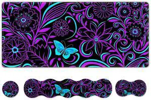 ARTSO Purple Desk Mat, Large Gaming Mouse Pad with Wrist Rest, Flower Butterfly XXL Mousepad+Keyboard Wrist Rest+Mouse Pad Wrist Support+Coaster Set for Home Office Accessories