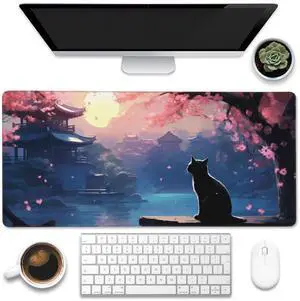 Eflxamz Desk Mat, Black Cat Under Cherry Blossom Tree Desk Pad, Japanese Scenery Large Gaming Mouse Pad with Non-Slip Base and Stitched Edge, 35.4"x15.7"