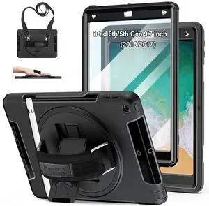 Case for iPad 6th/5th Generation 9.7 INCH: TPU Cover for iPad 9.7 (2018/2017) & iPad Air 2 9.7" with Screen Protector- Stand- Handle- Shoulder Strap-Pencil Holder- Black