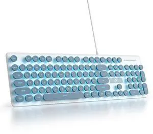 SbocKeeb Full Size Blue Typewriter-Style Keyboard, 104-Key Retro Punk Design with LED Blue Backlight, Silent Wired USB Keyboard, Compatible with PC/Laptop/Computer