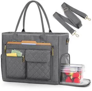 RAINSMORE Teacher Tote Bag with Insulated Lunch Compartment 15.6 inch Laptop Bag for Women Lightweight Work Bags Nurse Bags Professional Briefcase Computer Handbag for Office, College, Nursing, Grey