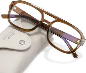 Madison Avenue Retro Aviator Blue Light Blocking Glasses for Women Men with Case, Trendy Rectangle Computer Eyeglasses Brown