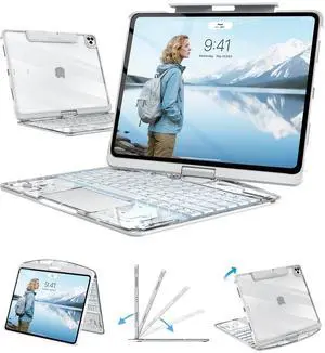 Transparent Keyboard Case for iPad Air 13 Inch (M3/M2 2025/2024) & iPad Pro 12.9 Inch (6th/5th/4th/3rd Gen), 7-Color Backlit Wireless Keyboard with Touchpad, 360° Rotating Stand, Pencil Holder, White
