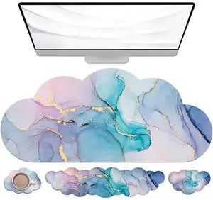 JIKIOU Large Cloud Mouse Pad Waterproof with Cloud Keyboard Wrist Pad and Cloud Mouse Wrist Pad Set, Ergonomic Computer Desk Wrist Support Mousepad for Keyboard and Mouse 35.4x15.7in Marble Blue