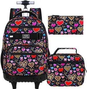 ZLYERT 3Pcs Rolling Backpack for Girls Women, Leopard print Travel Roller Backpacks with Wheels for Adults, Teens College Wheeled Bookbag with Lunch Box(Brown)