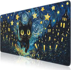 iCasso Black Desk Cover Mat,Cute Keyboard Mats Aesthetic,Anime Computer Pad for Desktop,Anti-Slip Rubber Base Desk Protector Pad,Extra Large Cat Mouse Pad for Gaming Office Home Dorm