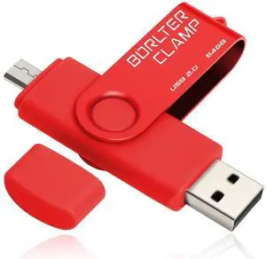 BorlterClamp 64GB USB Flash Drive Dual Port Memory Stick, OTG Thumb Drive with Micro USB Drive Port for Android Smartphone Tablet & Computer (Red)