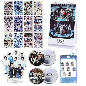 Stray Kids Gift Set - 12pcs Stray Kids Laptop Sticker 1pack 2026 calendar, 1pcs Keychain Card Holder,1 acrylic stand,2 button pins