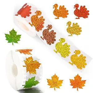 500PCS Halloween Stickers, Holographic Laser Holiday Stickers, Waterproof Self-Adhesive Xmas Decals for Gifts, Wrapping, Laptop, Phone, Party Decor (Assorted Sizes) (2 Rolls Thanksgiving1)